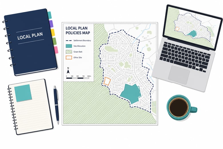 TopDown Tidy Desk With Local Plan Map And Coffee