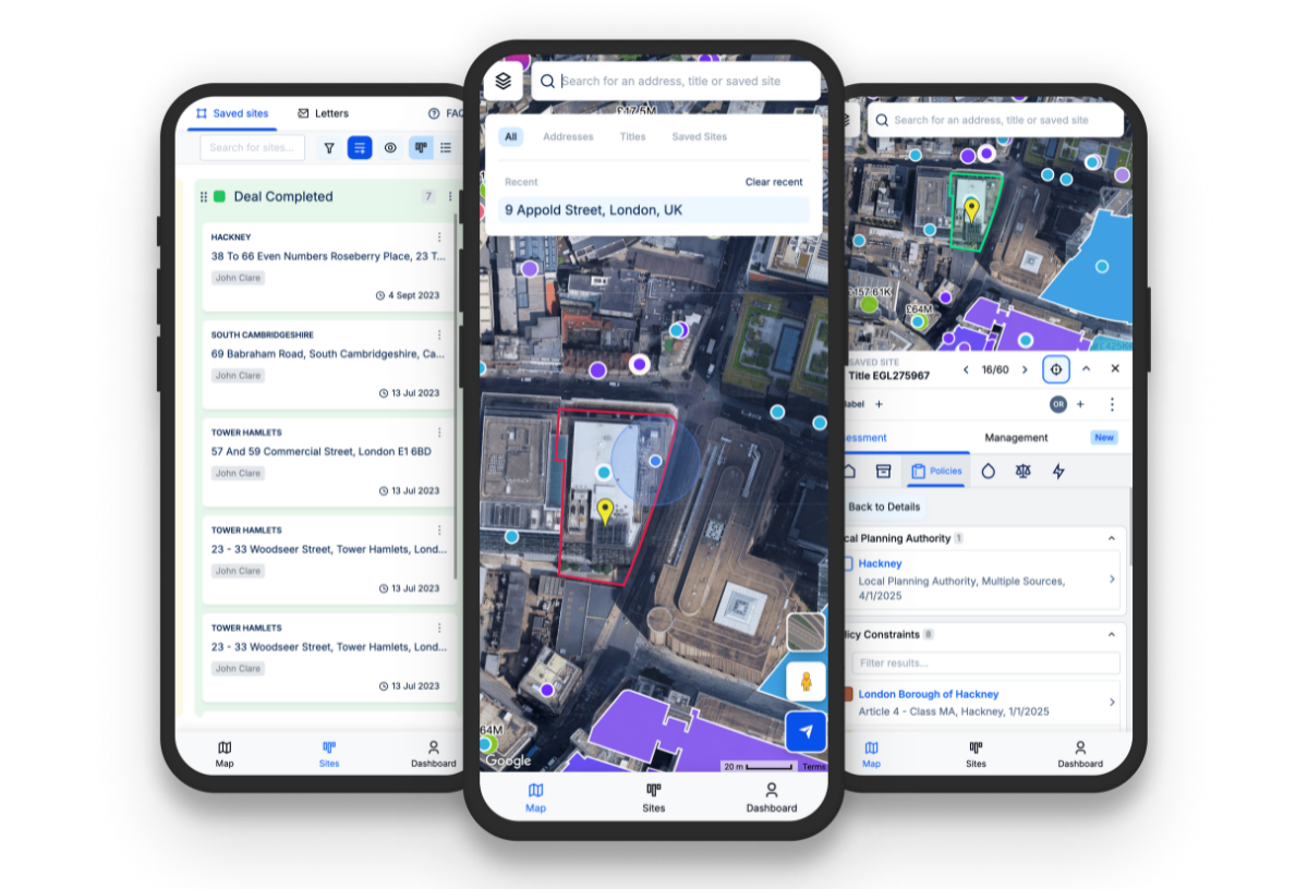 Three mobiles showing LandInsight on the mobile view.